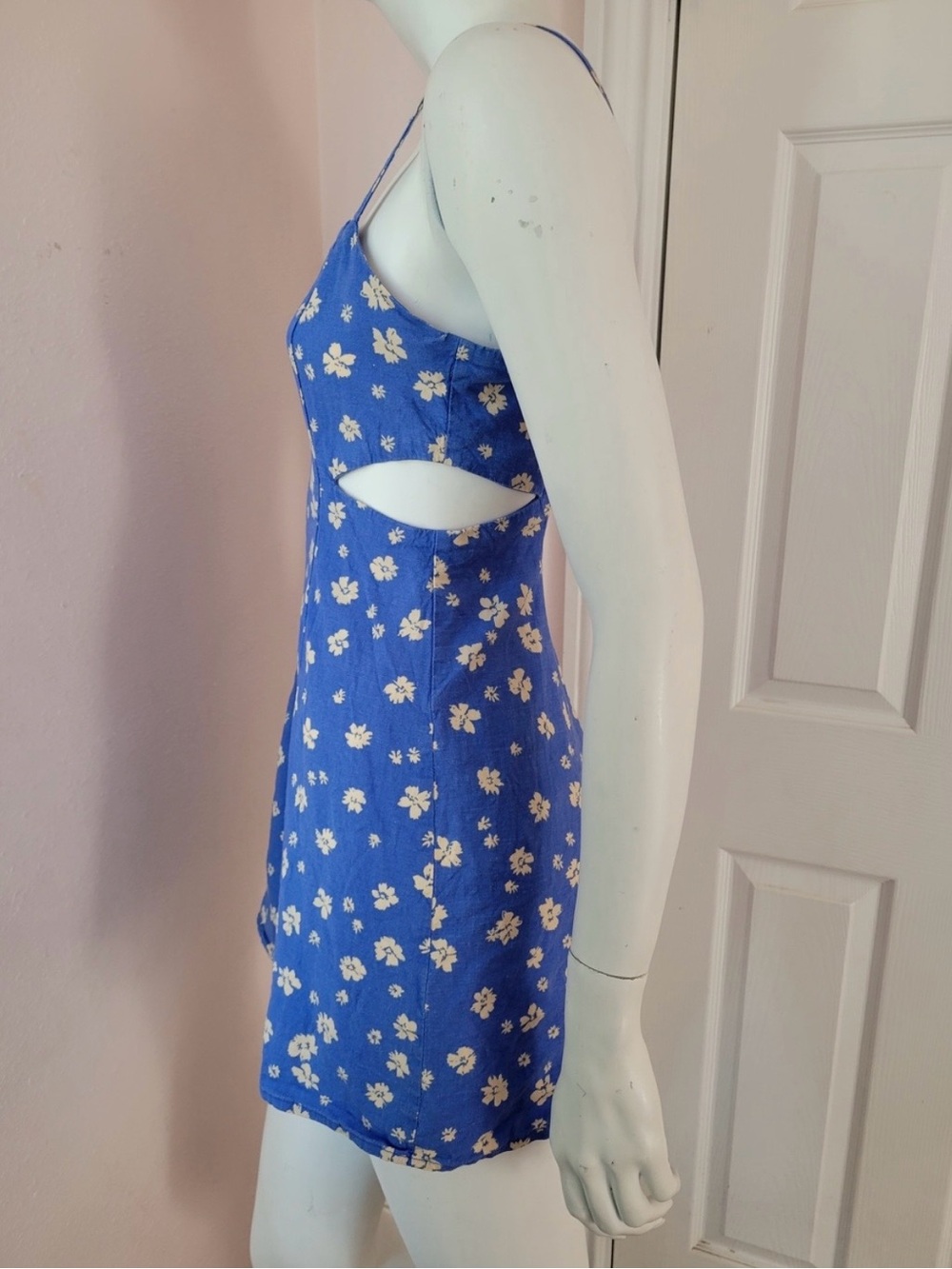 ZARA Blue Floral Linen Blend Cutout Mini Dress Summer Sundress M - Picture 4 of 9